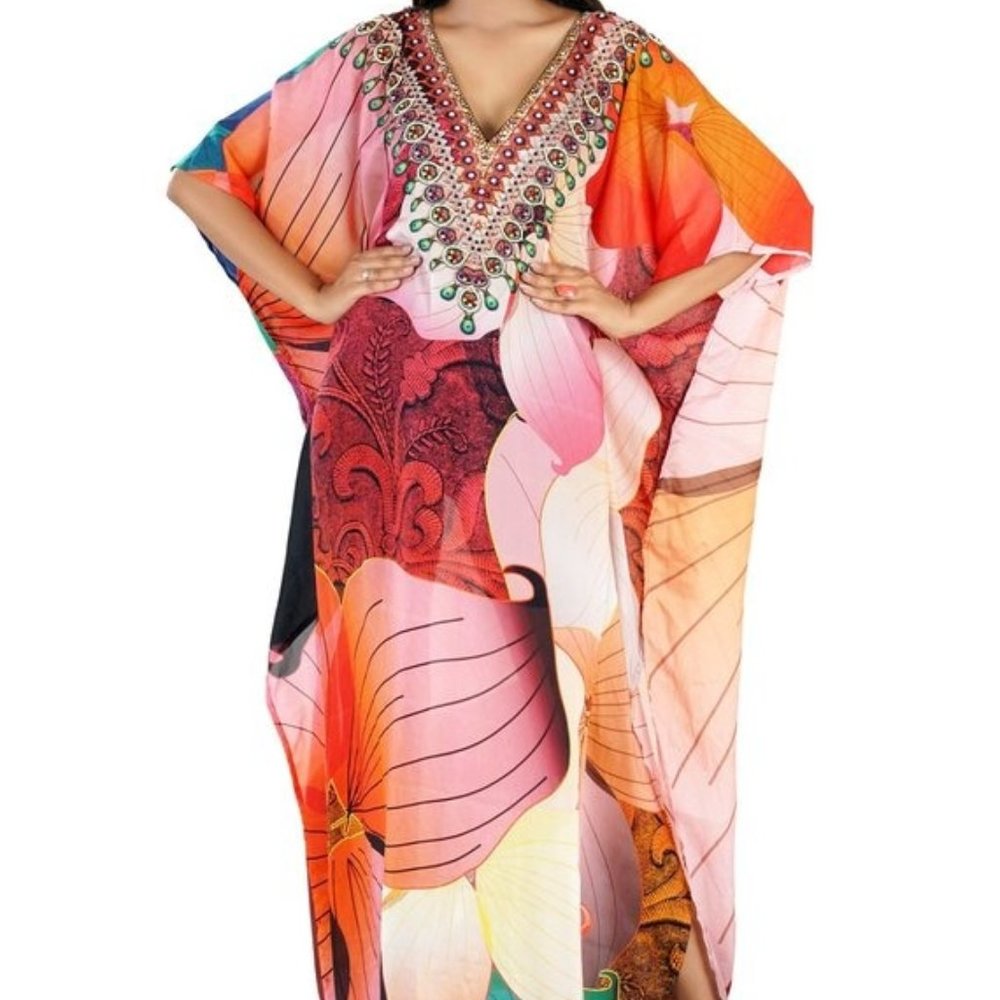 frisqie $79 Kaftan Caftan Pink Floral OS (M-2X)